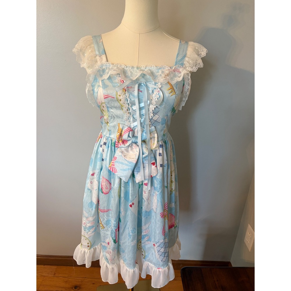 Lolitimes Cosplay Whimsical Printed Rabbit Bows Dress Small Alice In Wonderland